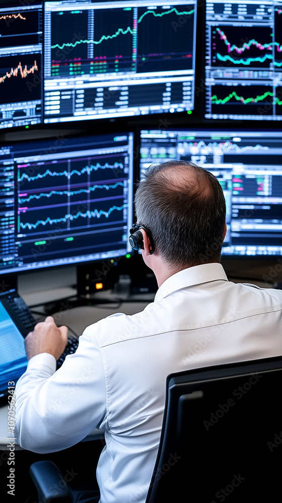 Poster a trader focuses on stock movements while using multiple screens to monitor financial data and trend