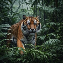 Fototapeta premium A majestic tiger prowling through dense, misty jungle foliage.