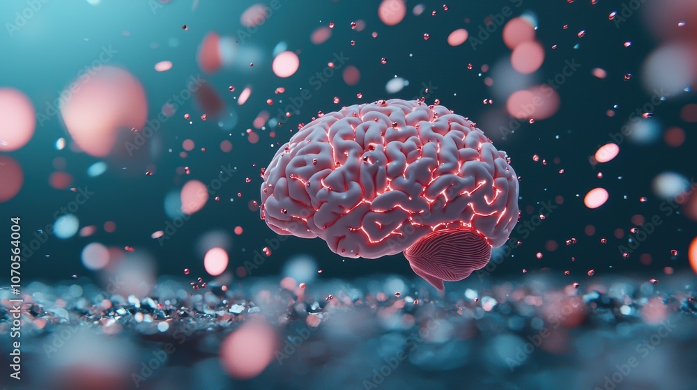 Poster a human brain intricately rendered in 3d, with glowing nodes and pathways, representing the complexi