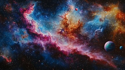 Fototapeta premium A breathtaking view of a colorful nebula with two planets in the foreground, surrounded by a field of stars.