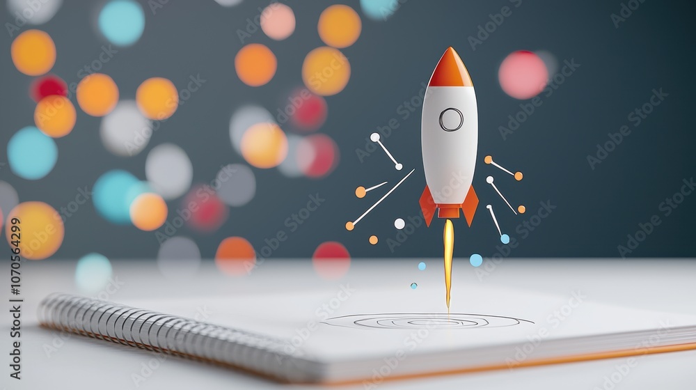 Poster a hand drawn rocket on a notepad, with a dotted line showing its trajectory towards a target, repres
