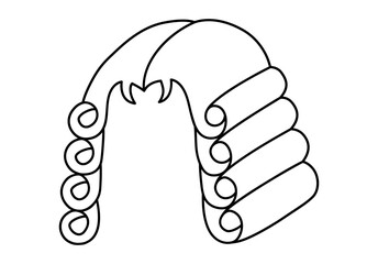 Hand drawn cute outline illustration judges wig. Flat vector lawyer curls peruke line art doodle style. Crime verdict icon, print. Justice and law. Control and order. Government legislation. Isolated.