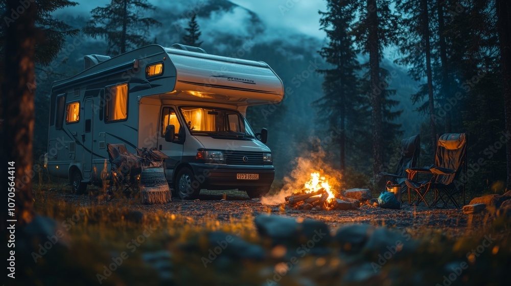 Poster a camper van is parked in a serene forest setting. warm light spills from the windows, illuminating 