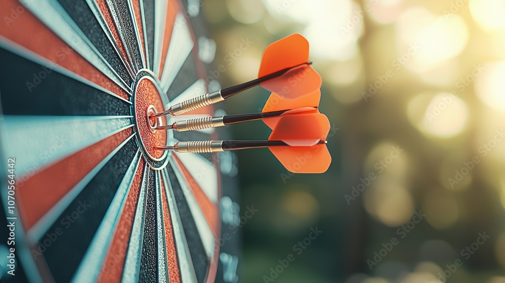 Poster a dartboard with darts scattered around the bullseye, some hitting the mark and others missing, repr