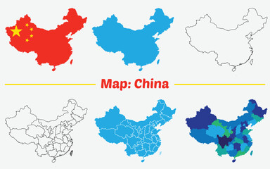 China map with regions, capital and cities, China Map Vector Pack. Map with Flag.