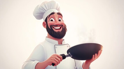 a 2D cartoon illustration of a happy chef holding a frying pan, cooking and smiling, white background--ar 16:9