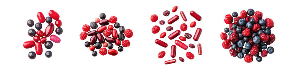 Closeup of an assortment of fresh ripe berries including blueberries raspberries blackberries and strawberries arranged on a white background  The berries are displayed in a variety of colors shapes