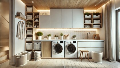 スタイリッシュで機能的なランドリールーム　ドラム式洗濯機