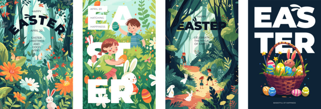 Happy Easter Day holiday poster set. Children colorful eggs hunt in forest and cute bunny in basket artwork. Traditional spring religious celebration greeting card. Festive rabbit modern art drawing