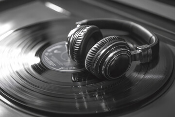 Stylish wireless headphones sit atop a rotating vinyl record, evoking a sense of nostalgia and audiophile appreciation