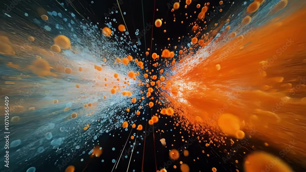 Poster a drawing of a particle collision showing particles moving in both directions simultaneously represe