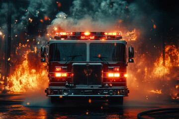 Fire truck with flashing lights battling a raging inferno, showcasing the bravery of firefighters in emergency situations
