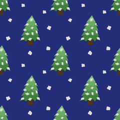 Abstract seamless Christmas tree pattern with cartoon festive trees and snowflakes on a deep blue background, perfect for holiday decorations, gift wrapping, wallpaper, textiles, greeting cards