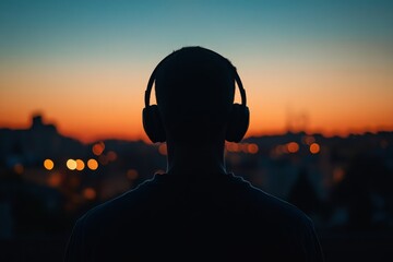 Silhouette of man listening to music with headphones at sunset with city lights in background