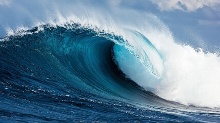 Dramatic ocean wave crashing, vivid blues and foamy textures, nature's raw power