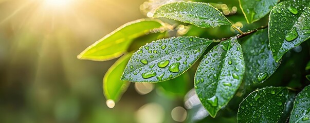 Eco-friendly investment theme, green leaves on financial pages, morning sun illuminating dew, forest ambiance