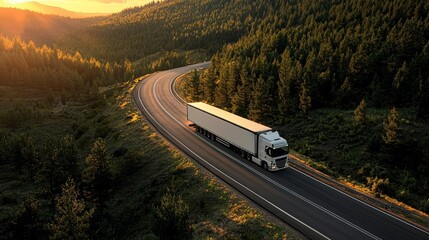 Highway truck traveling through a forest, sunset glow creating a tranquil atmosphere on the winding road