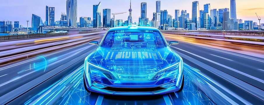 Futuristic self-driving vehicle, advanced sensor system visualizing real-time data on a busy urban street