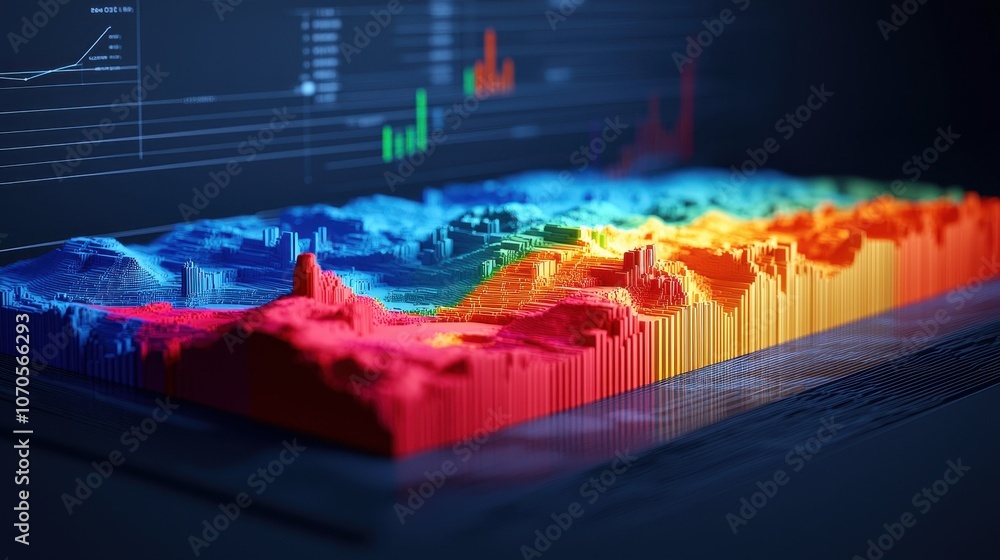 Poster a colorful 3d visualization of data represented by textured peaks and valleys, illustrating trends a