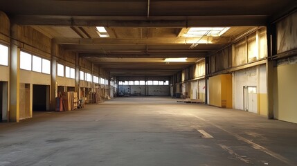 Large empty warehouse, spacious interior ready for logistics or storage use
