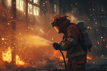 Fototapeta premium Brave firefighter battling intense flames engulfing industrial structure