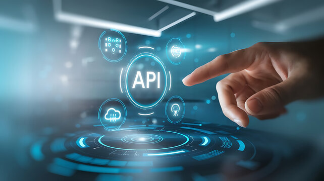 API interface, Application programming interface, Businessmen Interacting with a Futuristic API Interface, business technology, API integration