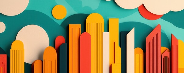 Fototapeta premium A vibrant, stylized city skyline illustrated with colorful buildings against a teal background and abstract clouds and shapes.
