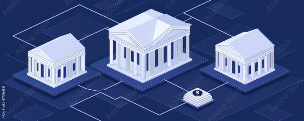 Poster a modern graphic representation of three building structures connected by lines on a blue background