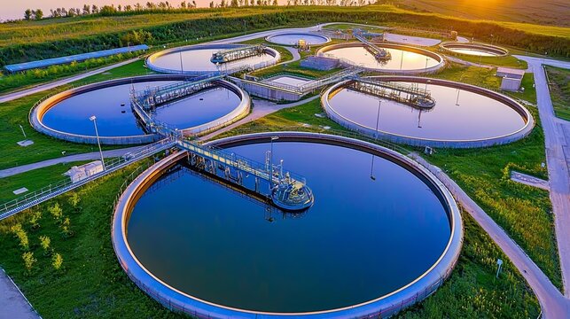 Aerial sunset view of sewage treatment plant, circular tanks with reflective surfaces