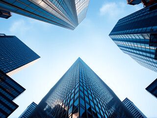 Looking up at towering skyscrapers against a clear blue sky in an urban cityscape during the afternoon