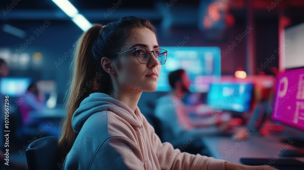 Poster engineers analyzing data with holographic screens