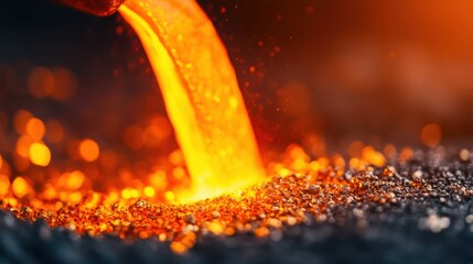 A close-up of molten metal flowing, showcasing its vibrant orange glow against a textured dark background.