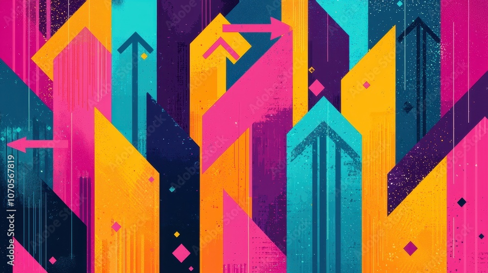 Poster a vibrant abstract pattern featuring geometric shapes and bold colors, creating a dynamic visual exp