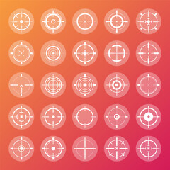 Colorful sniper rifle sights, weapon optical scope crosshair. Hunting gun viewfinder. Shooting mark symbol, aim. Military target sign. Game interface UI element. Vector illustration