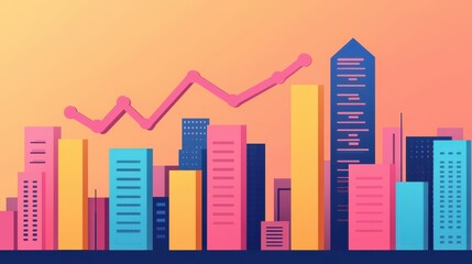 A vibrant city skyline illustration with colorful buildings and an upward trend line, symbolizing growth and progress.