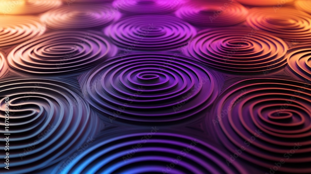 Poster pattern of swirling spirals in vibrant purple and orange hues, creating a dynamic and abstract visua