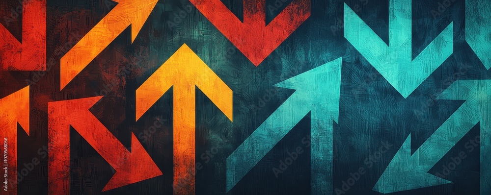 Poster a vibrant pattern of layered arrows in various colors, symbolizing direction, movement, and progress