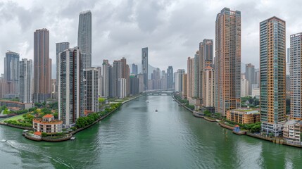 Obraz premium An expansive cityscape featuring a network of modern skyscrapers lining a winding river under a cloudy sky, showcasing urban architecture harmony