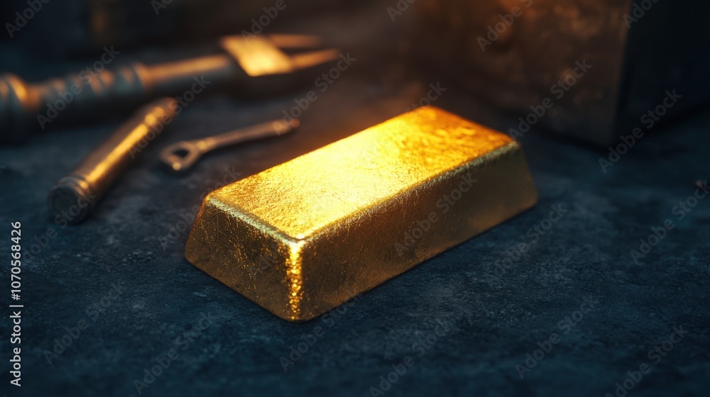 Poster a gleaming gold bar rests on a dark surface, surrounded by various tools that suggest a context of c