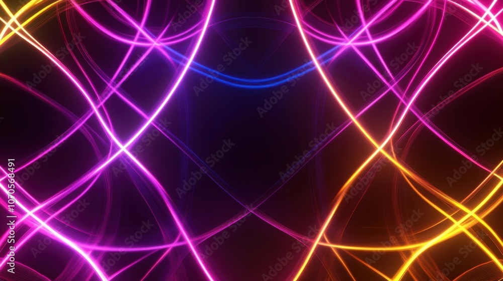 Poster a dynamic abstract background featuring intersecting neon light streaks in pink, purple, and yellow 