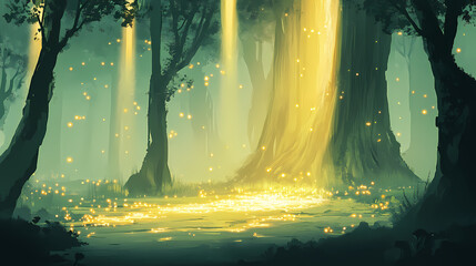 Mysterious enchanted forest with glowing fairy lights and ancient trees digital painting. Enchanted. Illustration