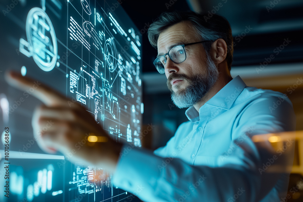 Poster a man in a button-up shirt navigates a data-rich digital interface in an office