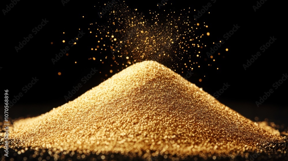 Poster a sparkling mound of golden sand or powder glimmers against a dark backdrop, creating a visually str