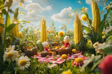 Fototapeta premium A vibrant picnic scene with cute characters surrounded by flowers and corn. This image showcases a joyful summer moment filled with fun and nature. Generative AI