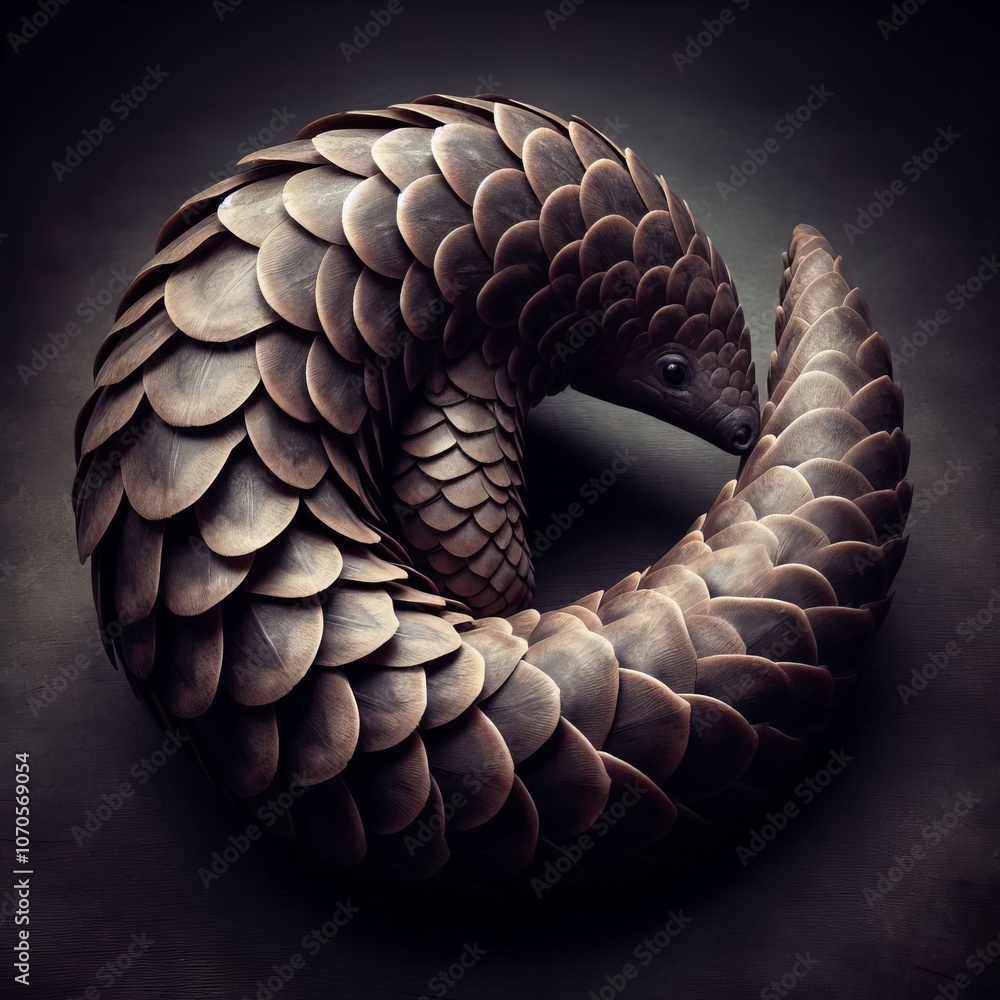 Poster – a curled up pangolin with its tail forming the loop showcasi