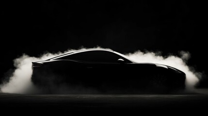 A sleek black sports car emerges from a cloud of smoke, leaving a trail of dust behind