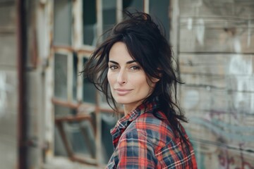 Fototapeta premium Italian Woman. Candid Portrait of Dark-Haired Mother in Urban Setting