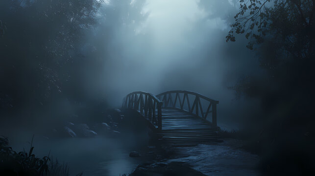 Mysterious foggy wooden bridge over dark river waters at dawn with misty atmospheric vibes and an eerie sense of adventure. Enchanted. Illustration