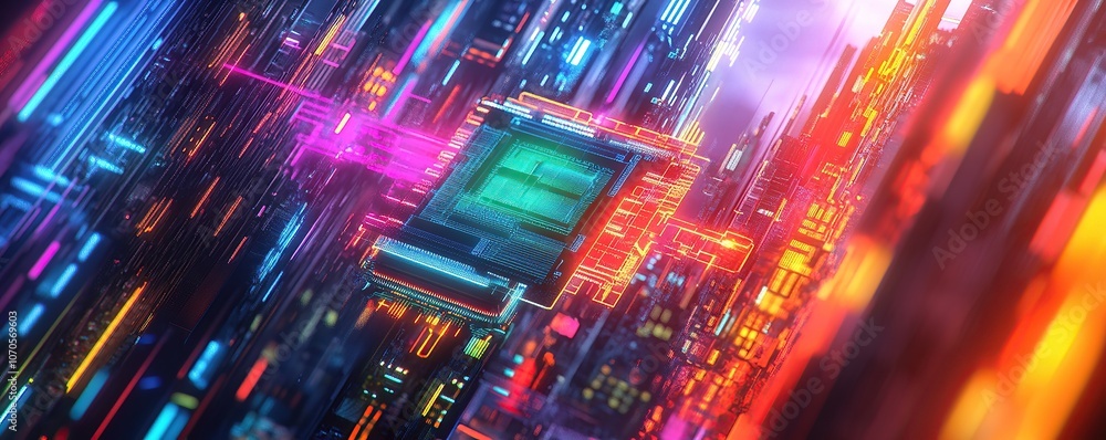 Poster a high-tech scene featuring an abstract representation of a computer chip with multiple colorful