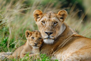 Lion Africa. Mother Lion with cub in Masai Mara, Kenya. Capturing Wild Nature and Wildlife in Africa